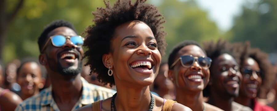 Happy people enjoy summer music festival. Diverse crowd laughs, smiles at outdoor concert. Friends, family enjoy music together. Great time together. Summer fun. Positive vibe. Celebration. Outdoor