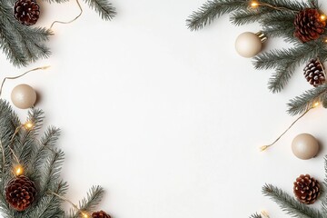 Christmas tree branches with soft lights, muted colors float on white background. Decorative pine cones, ornaments create festive, elegant composition. Image evokes sense of tranquility, holiday