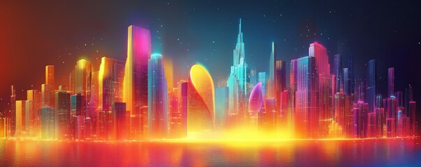 Peak energy optimization concept. Futuristic cityscape with glowing structures and vibrant colors