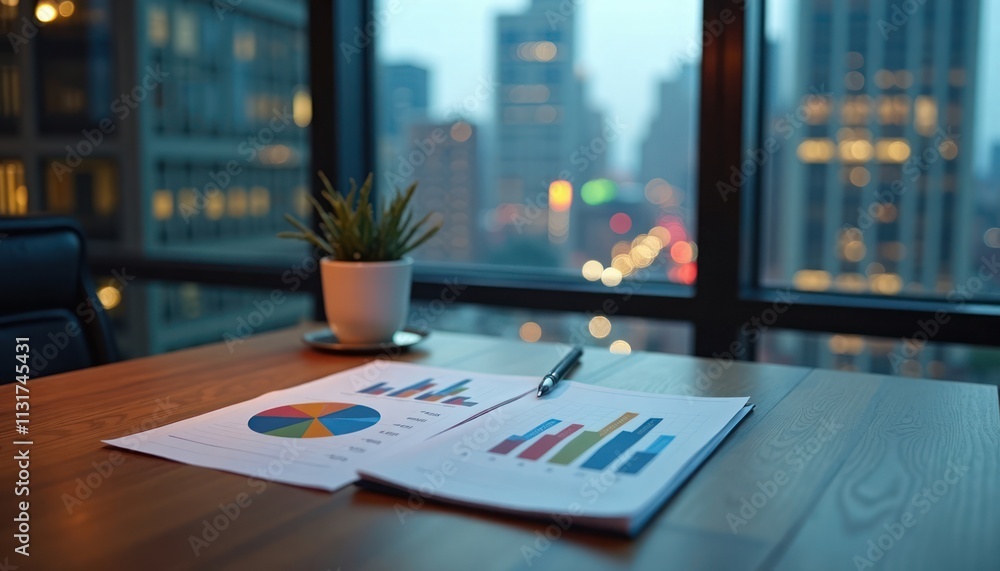Aufkleber Business documents with graphs, charts on wooden table. Cityscape view outside large window. Analyzing data, planning strategy. Pro workplace setting. Business analytics concept. Evening time with