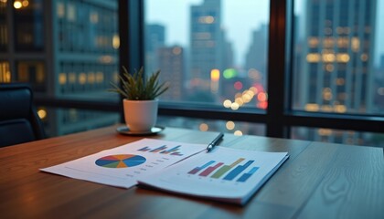 Business documents with graphs, charts on wooden table. Cityscape view outside large window. Analyzing data, planning strategy. Pro workplace setting. Business analytics concept. Evening time with