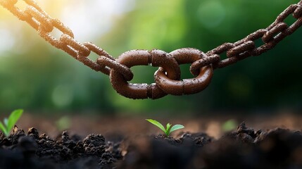 Obraz premium A close-up of a rusty chain link connected over fresh soil, symbolizing strength and resilience in nature.