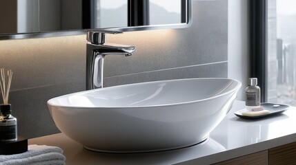 Fototapeta premium Elegant White Ceramic Sink in Modern Bathroom Setting