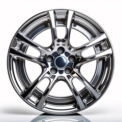 Obraz premium A shiny chrome alloy wheel with a multi-spoke design, reflecting light against a white background