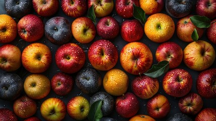 Fresh, colorful apples and plums arranged in a decorative pattern, with water droplets and green leaves.
