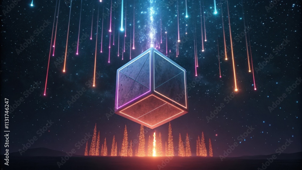 Poster colorful glowing lights falling from the sky towards a mysterious cube floating above a forest at ni