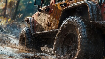 A muddy off-road vehicle splashes through water in a rugged terrain.