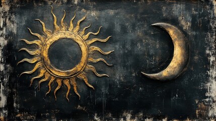 Vintage Sun and Moon Artwork on Distressed Background with Gold Accents and Textured Details for Home Decor and Design Inspiration