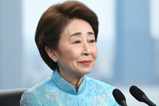 Middle-aged female news anchor with short hair broadcasting live from a studio, exuding warmth and professionalism in a vibrant setting