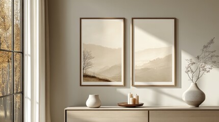 Elegant Minimalist Interior with Framed Landscape Art and Natural Light from Large Window