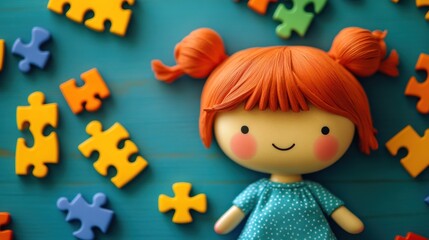 Fototapeta premium Smiling, child-like doll, with pigtails, surrounded by colorful puzzle pieces on a teal background.