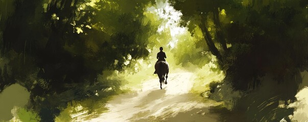 A silhouette of a rider on horseback along a sunlit forest path.