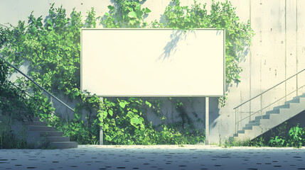 Set against a background of greenery and a stairway, a sizable empty billboard offers a space for digital or printed advertising, standing on a speckled concrete surface. Oblivious. Illustration