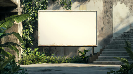 Set against a background of greenery and a stairway, a sizable empty billboard offers a space for digital or printed advertising, standing on a speckled concrete surface. Oblivious. Illustration