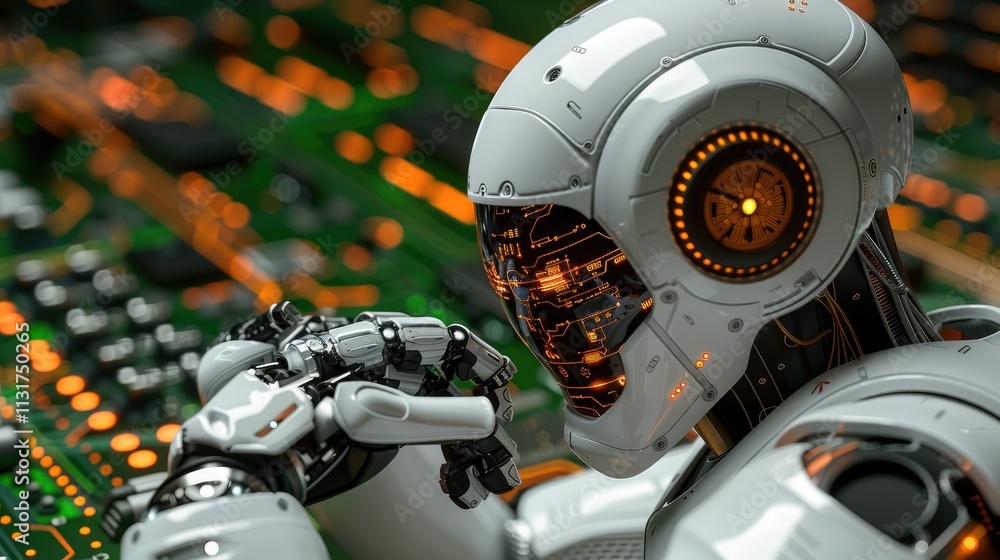 Poster futuristic robot head and arms working on a circuit board.