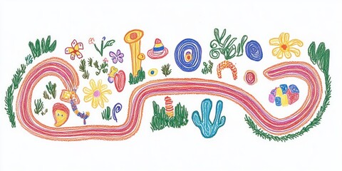 A colorful, whimsical illustration featuring a winding path with flowers, shapes, and plants.