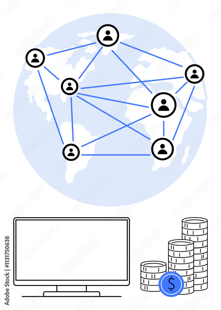 Poster connected icons over global map, computer screen at bottom, stacks of coins illustrating financial c