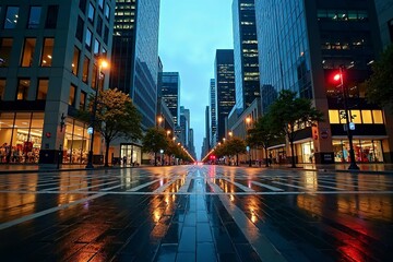 Obraz premium Bustling Business District at Dusk with Illuminated Office Buildings and Reflections on Wet Pavement