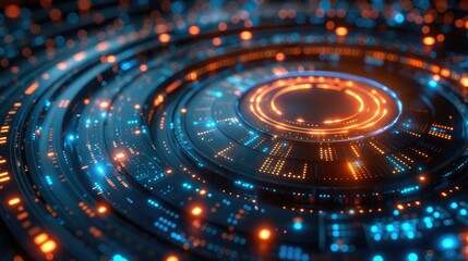 Futuristic technological interface with concentric circles, glowing orange and blue lights, complex circuit board design.