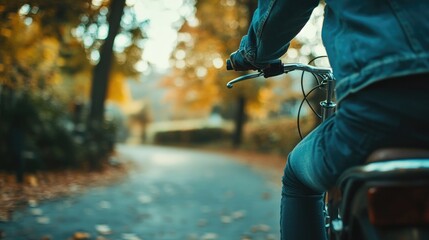Obraz premium A person cycling on a serene path surrounded by autumn foliage.