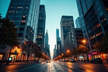 Fototapeta premium Bustling Business District at Dusk with Illuminated Office Buildings and Reflections on Wet Pavement