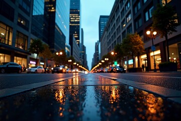 Obraz premium Bustling Business District at Dusk with Illuminated Office Buildings and Reflections on Wet Pavement