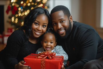 Happy Black Family Opening Christmas Gifts and Celebrating the Holidays