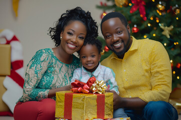 Happy Black Family Opening Christmas Gifts and Celebrating the Holidays