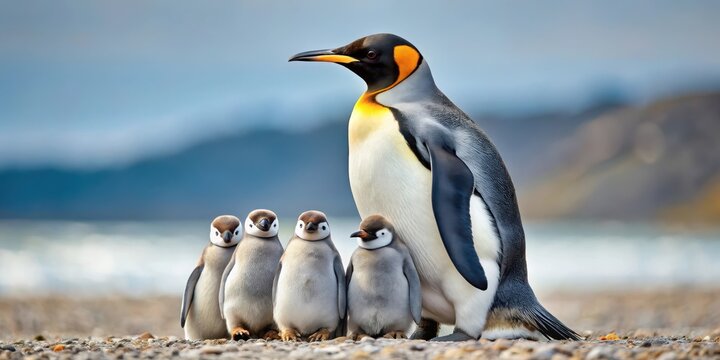 Mother Penguin Protecting Her Chicks, mother penguin, penguin family, bird parenting