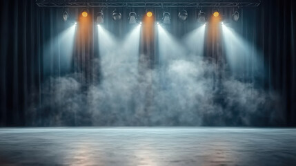Naklejka premium A dramatic stage scene featuring lights and a smoky ambiance, perfect for theatrical