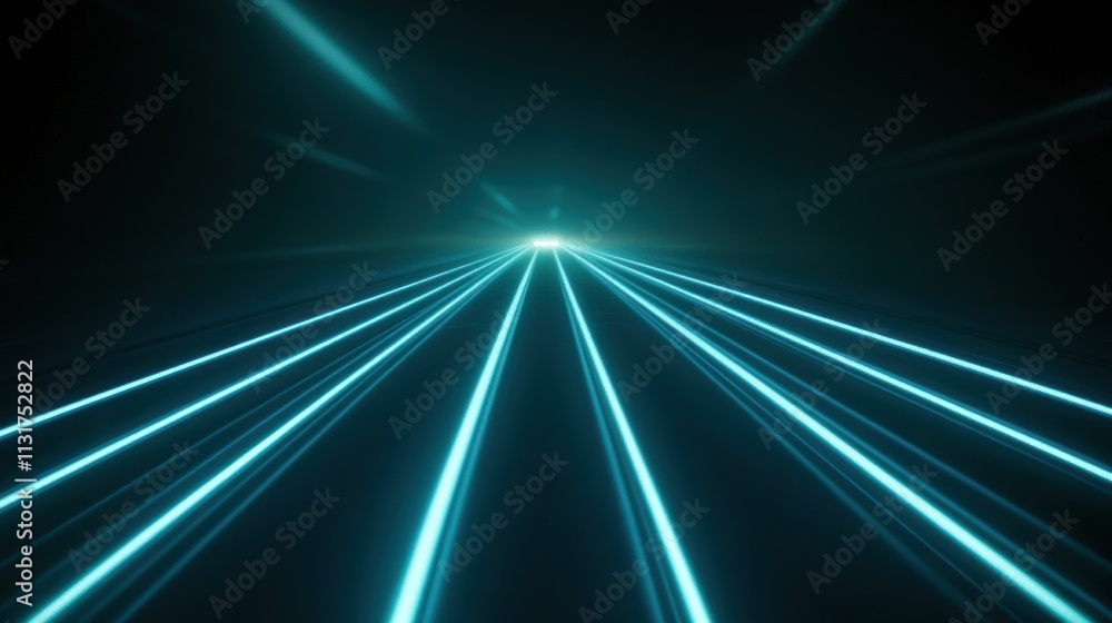 Poster abstract glowing teal lines converging at a bright point in dark space, creating a futuristic tunnel