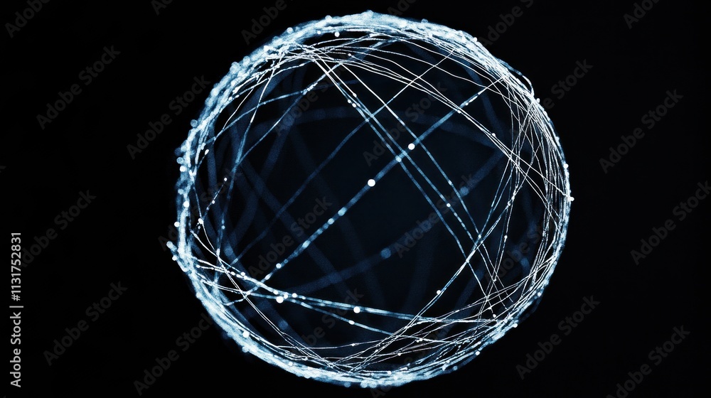Poster abstract glowing sphere with interconnected lines and dots on black background.