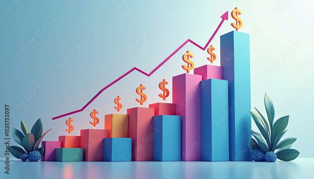 Poster colorful rising bar graph shows financial growth. dollar signs mark increasing values. graph represe