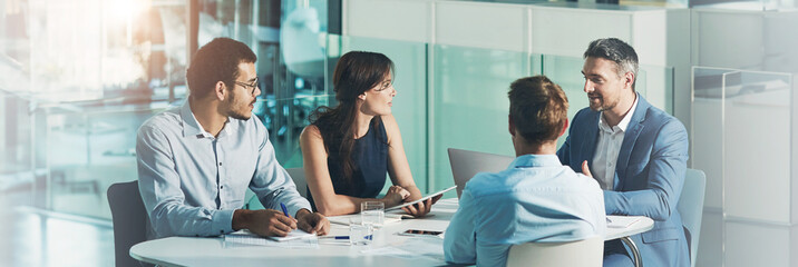 Leader, meeting or business people with banner for planning, investment research or budget advice....