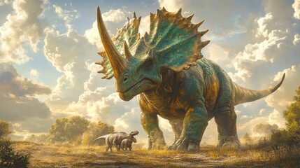 Fototapeta premium Majestic Triceratops Roaming Prehistoric Landscape Under Dramatic Sky with Lush Vegetation and Sunlit Clouds