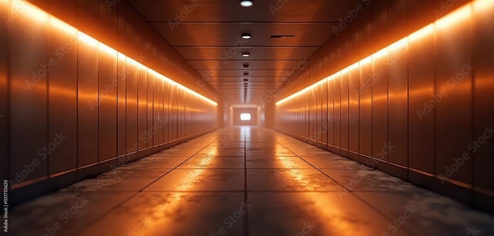 Aufkleber Futuristic tunnel with warm orange lighting. Industrial design. Reflective walls. Warm light emphasizes tunnel depth. Minimalist style. Empty passage. Modern architecture. Advanced tech concept.