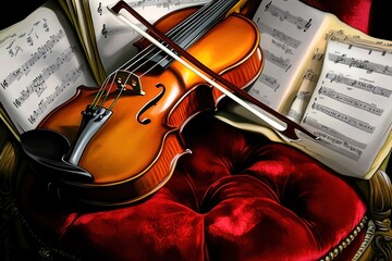 Naklejka premium A violin rests on a plush chair surrounded by sheet music, symbolizing musical artistry.