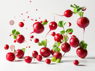 Various falling fresh ripe radish on light white background, horizontal composition