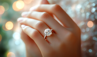 Close up of an elegant engagement diamond ring on woman finger