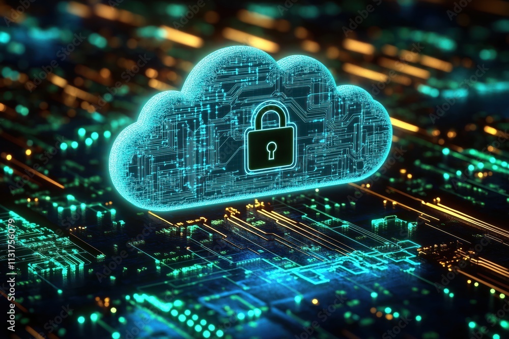 Poster glowing cloud with padlock hovers above circuit board. cloud tech security concept. secure cloud com