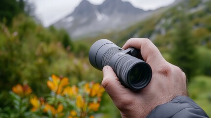 Fototapeta premium A close-up of a male's hand holding a camera lens, surrounded by vibrant nature and mountains in the background.