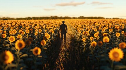 Fototapeta premium Man silhouetted in a vast sunflower field at sunset.