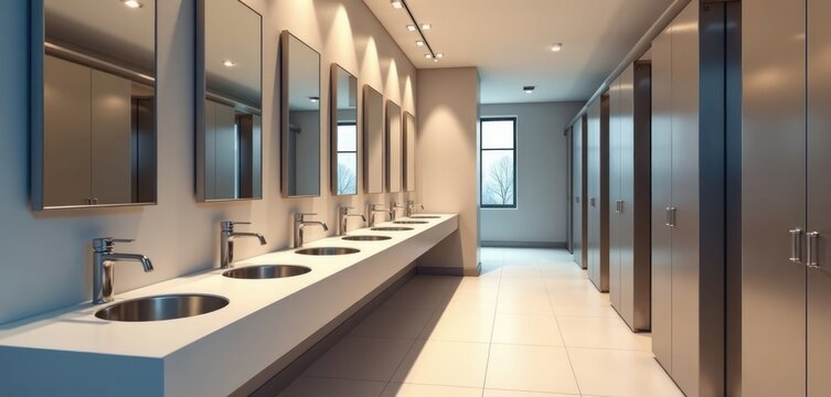 Modern commercial restroom features sleek stainless steel sinks, row of private stalls with reflective metal doors. Well-lit interior. Clean, organized space designed for convenience, comfort.