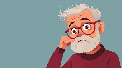 Elderly man in glasses with confused face. dementia, memory loss concept. alzheimer's disease and mental health illness cute cartoon illustration. Oblivious. Illustration