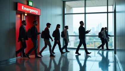 People evacuate building during safety drill. Emergency exits clearly marked. Business professionals, students practice emergency procedure. Modern interior hallway with large windows. Real-life