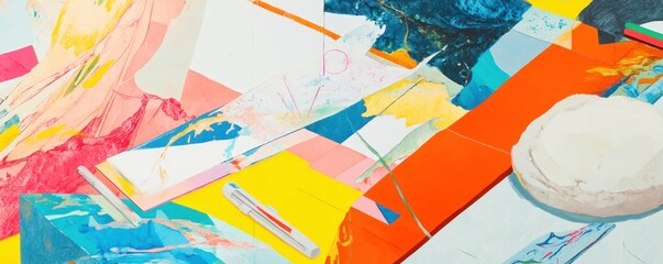 A vibrant abstract composition featuring colorful shapes and textures.