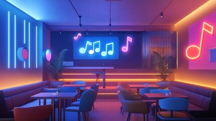 Neon-lit bar with music theme, tables, chairs, and vibrant lighting.