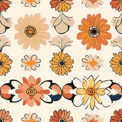 Fototapeta premium Hippy Floral organic seamless pattern set, sixties, flowers, flora, seventies, boho, bohemian, tiled design, tile, fabric, textile, art, style, faded colors, retro, vintage