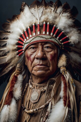Obraz premium Native American Chieftain Head Feathers Portrait