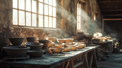 Fototapeta premium Sunlit pottery workshop with clay bowls drying.